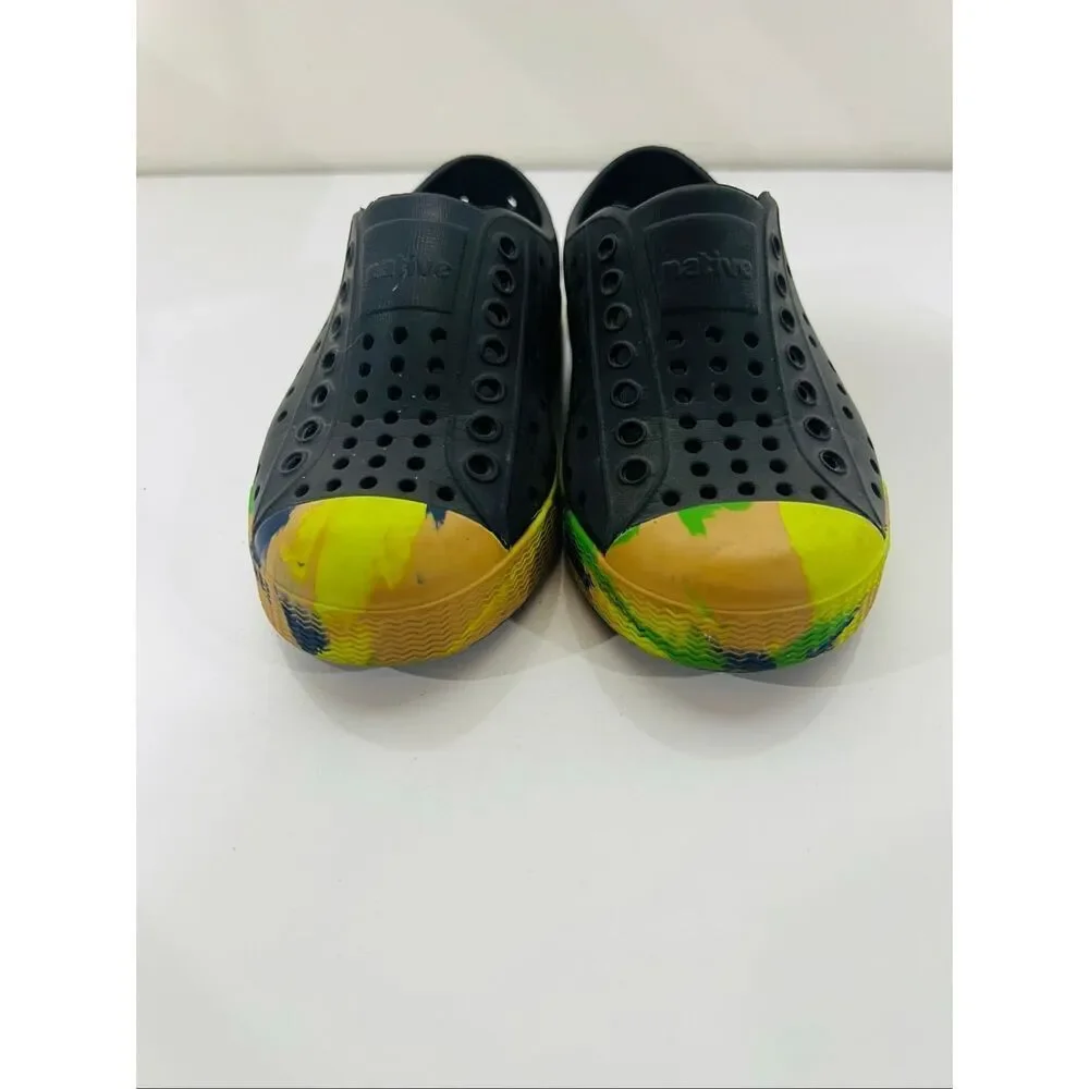Native Jefferson Marbled Kids Shoes Jiffy Black/Grasshopper Green/Marble C8 Chil